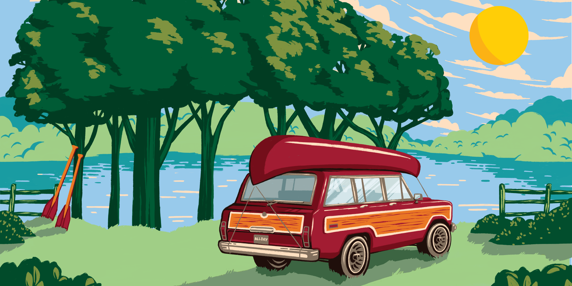 All Day IPA, woody wagon by lake