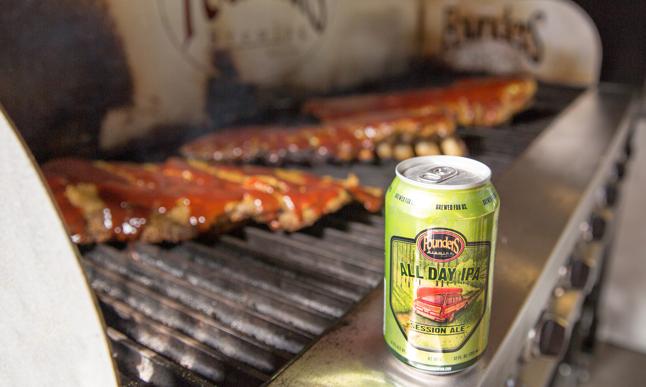 All Day IPA with Ribs on a grill
