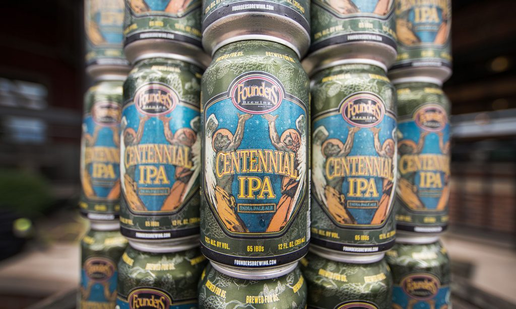 Cans of Founders Centennial IPA stacked on each other
