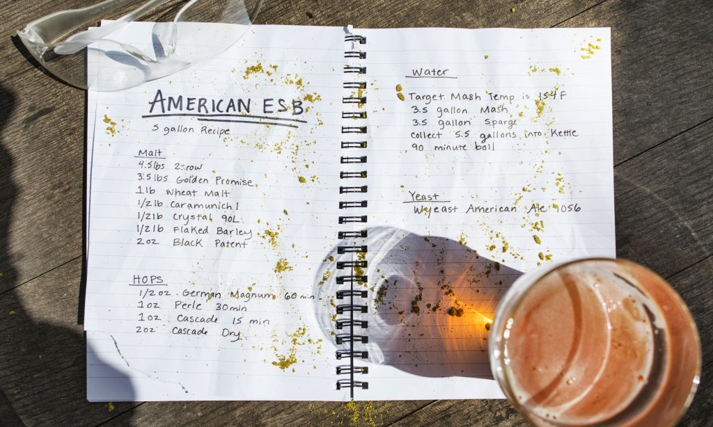 Notebook with recipe and beer glass