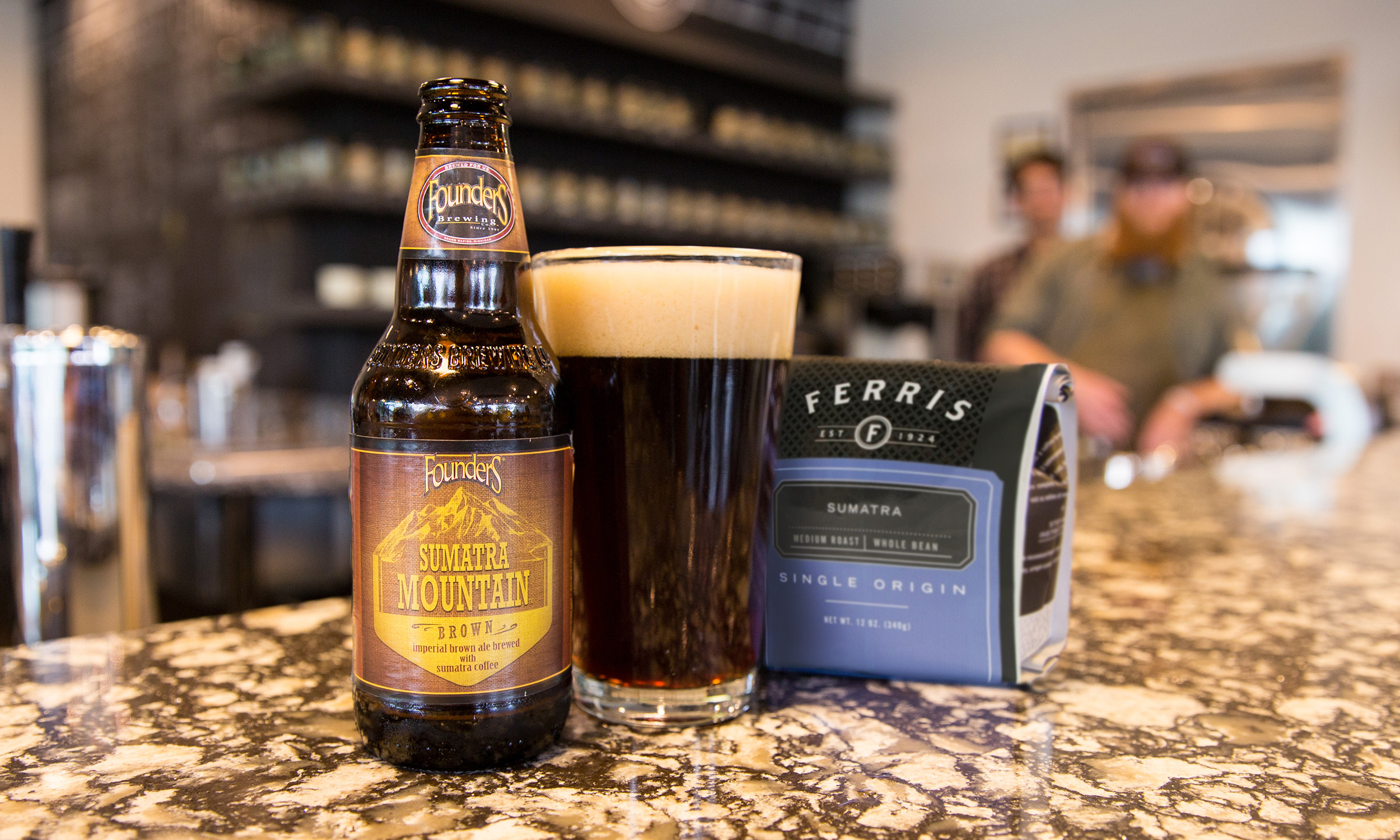 Sumatra Mountain Brown bottle and pour with a Ferris Coffee bag