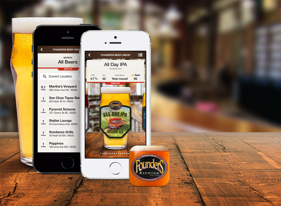 Image of smart phone devices showcasing Founders Brewing Co. app