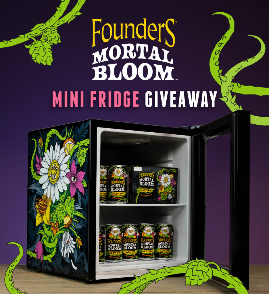 Mortal Bloom mini fridge with mortal bloom 12 oz cans