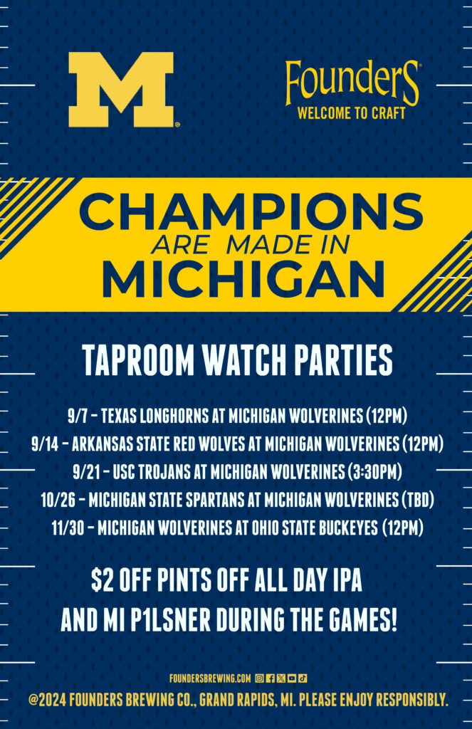 Blue and maze poster supporting football watch parties at Founders Taproom