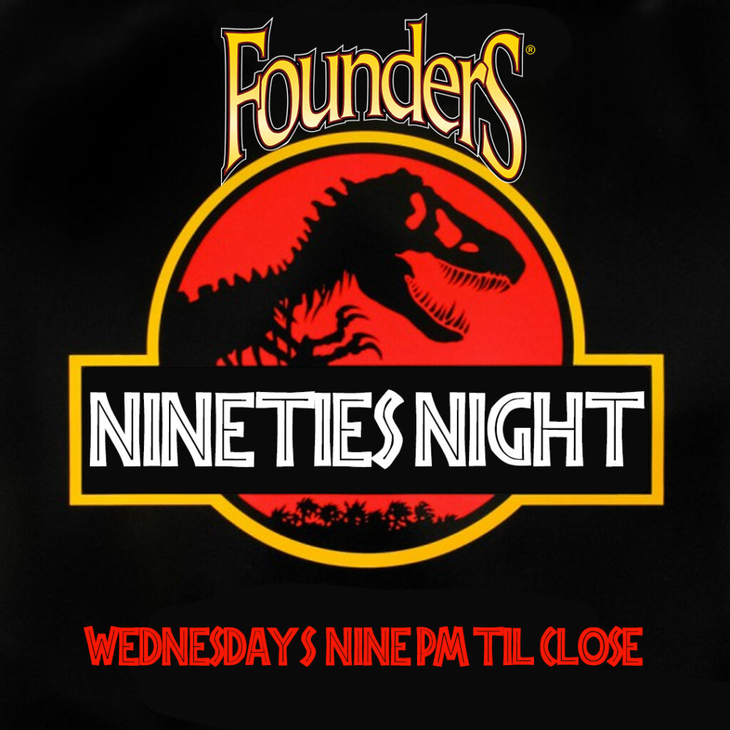 Nineties night dinosaur logo riff on a popular 90s dino movie with red, black and white.