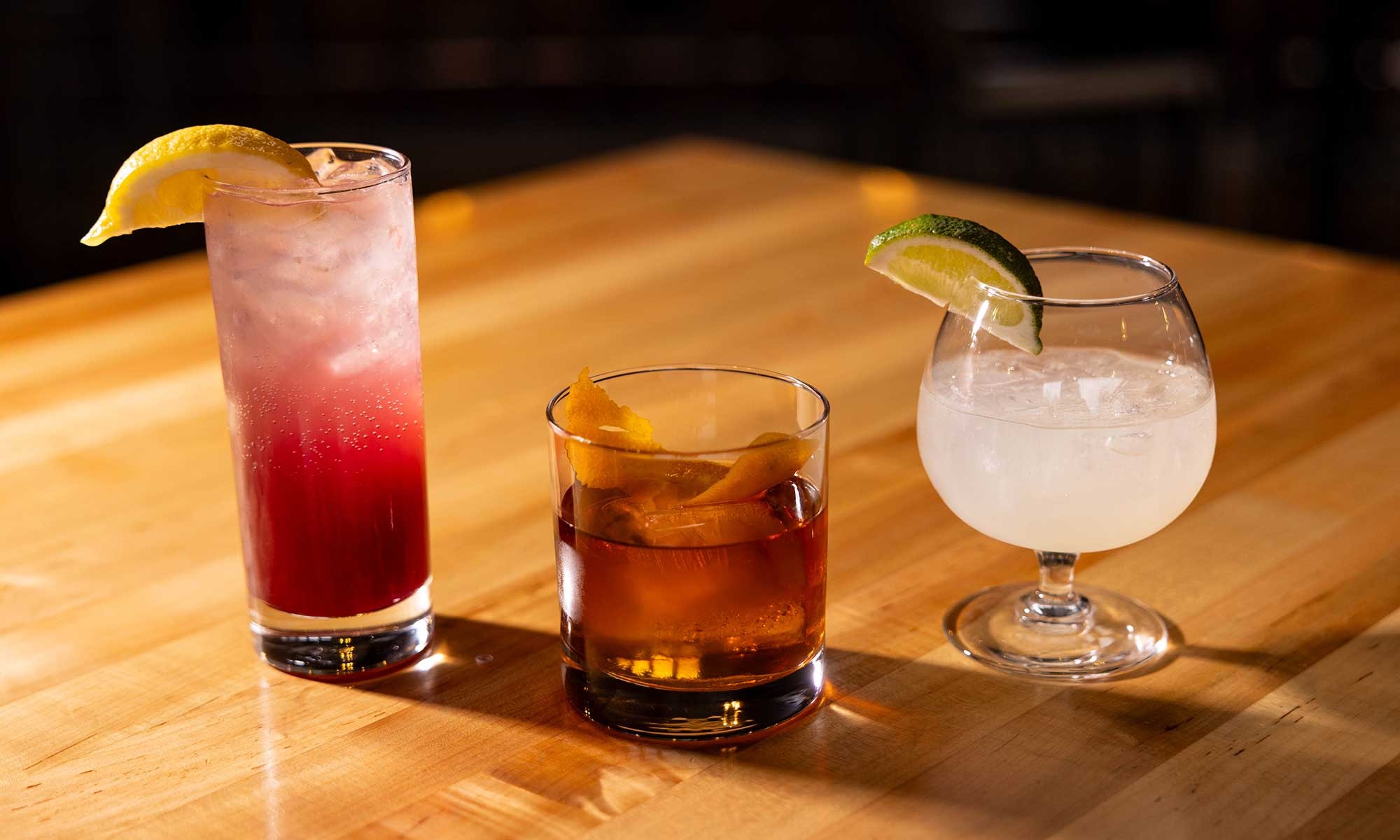 3 cocktails, left to right: Blackberry Vodka Bramble, Daiquiri, Old Fashioned