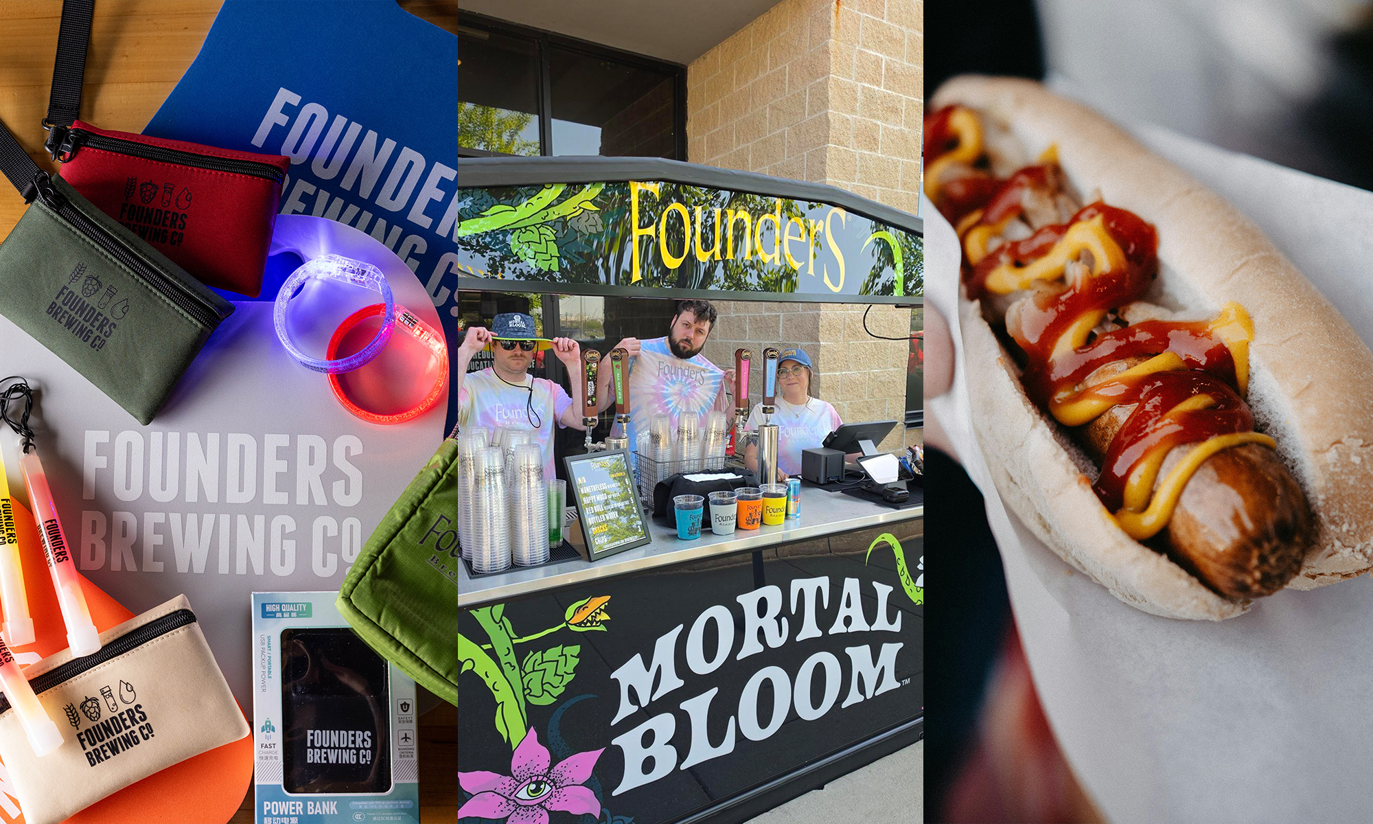 Collage of amphitheater merch, beer tent and hot dog.