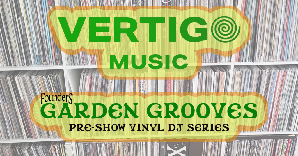 shelves of records in the background, vertigo music logo above "garden grooves dj series"